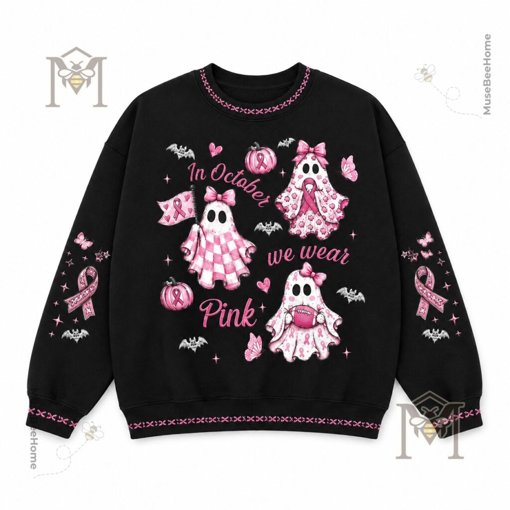 Breast Cancer Awareness Halloween sweatshirt showing ribbon details on sleeves