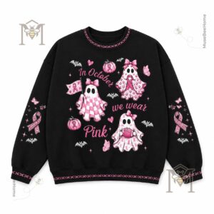 Breast Cancer Awareness Halloween sweatshirt showing ribbon details on sleeves