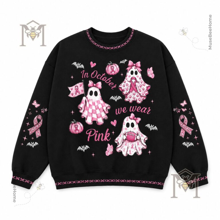 Breast Cancer Awareness Halloween sweatshirt showing ribbon details on sleeves