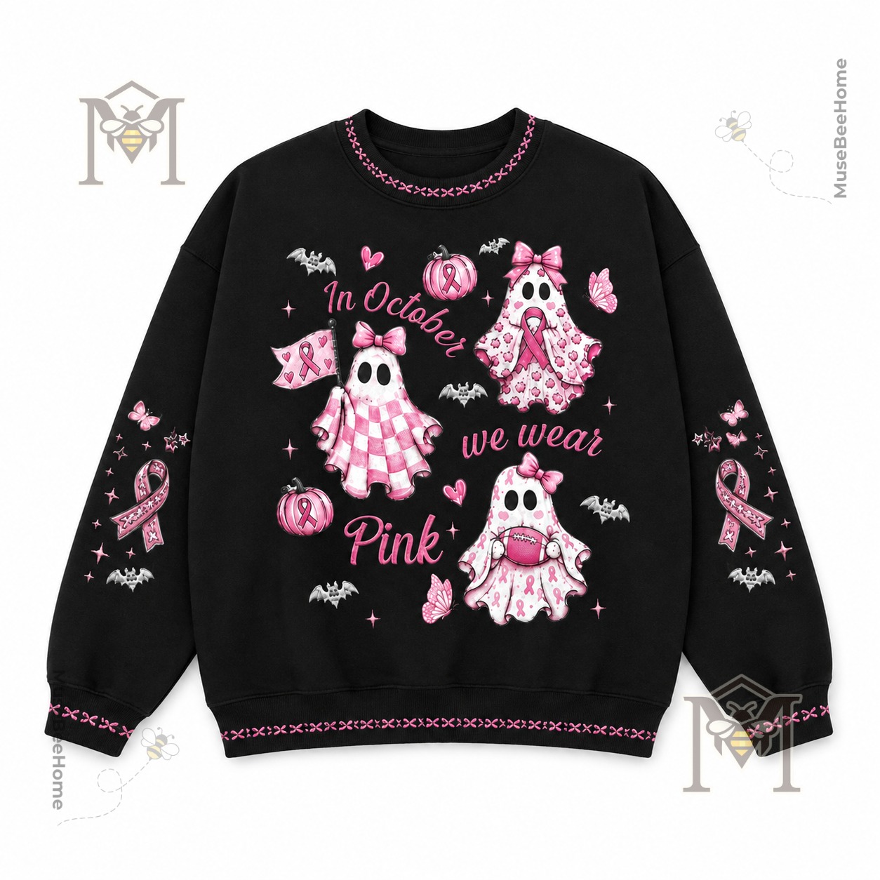 Breast Cancer Awareness Halloween sweatshirt showing ribbon details on sleeves