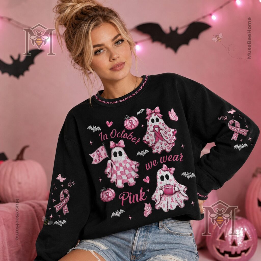 Breast Cancer Awareness Halloween sweatshirt close-up of pink ghost artwork