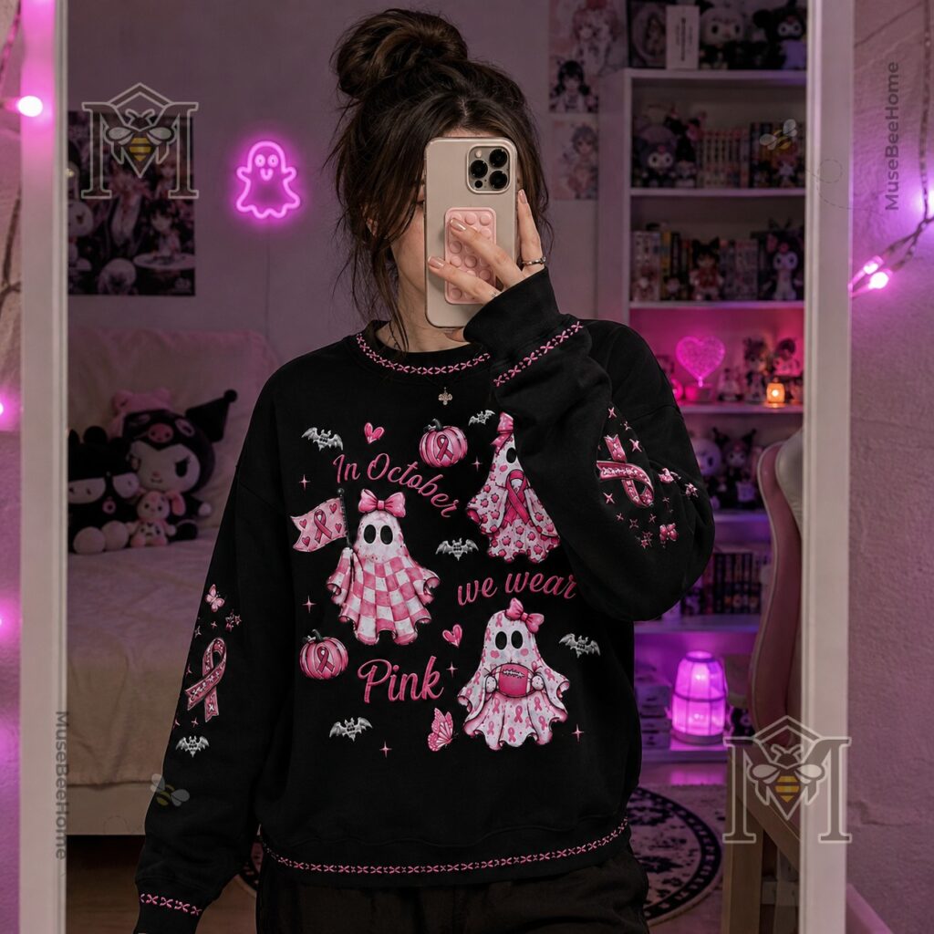Breast Cancer Awareness Halloween sweatshirt displayed with full front design