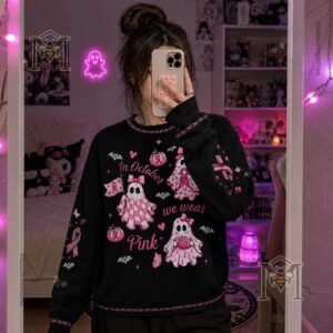 Breast Cancer Awareness Halloween sweatshirt displayed with full front design