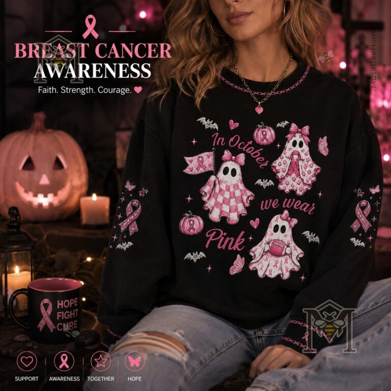 Breast Cancer Awareness Halloween sweatshirt front view with pink ghost graphics