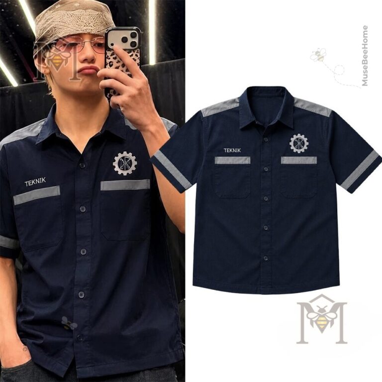 BTS V Taehyung Industrial Work Teknik Shirt - split view with mirror selfie and flat lay
