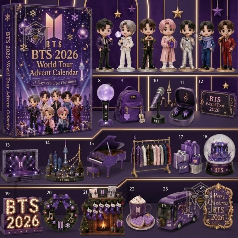 BTS World Tour 2026 Purple Christmas Advent Calendar - full display of box and all 24 items