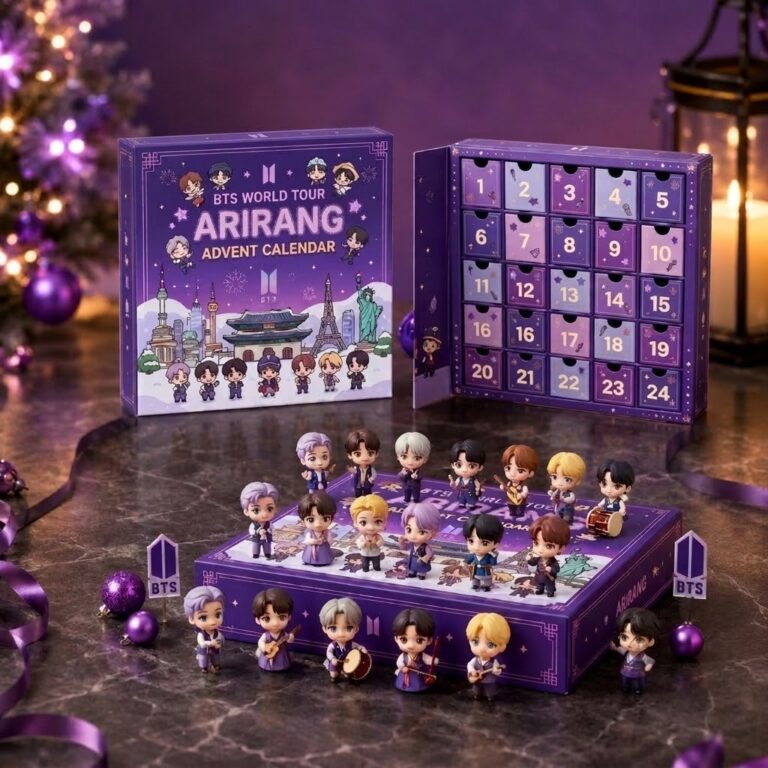 BTS World Tour Arirang Advent Calendar 2026 K-Pop Holiday Countdown Figurine Set - full view with figurines