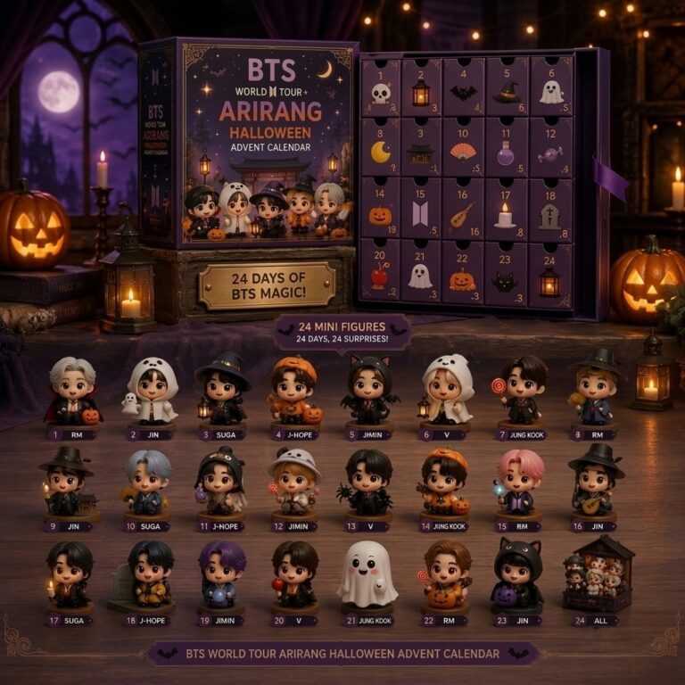 BTS World Tour Arirang Halloween Advent Calendar 2026 24 Day Mystery Box - open box with figures displayed