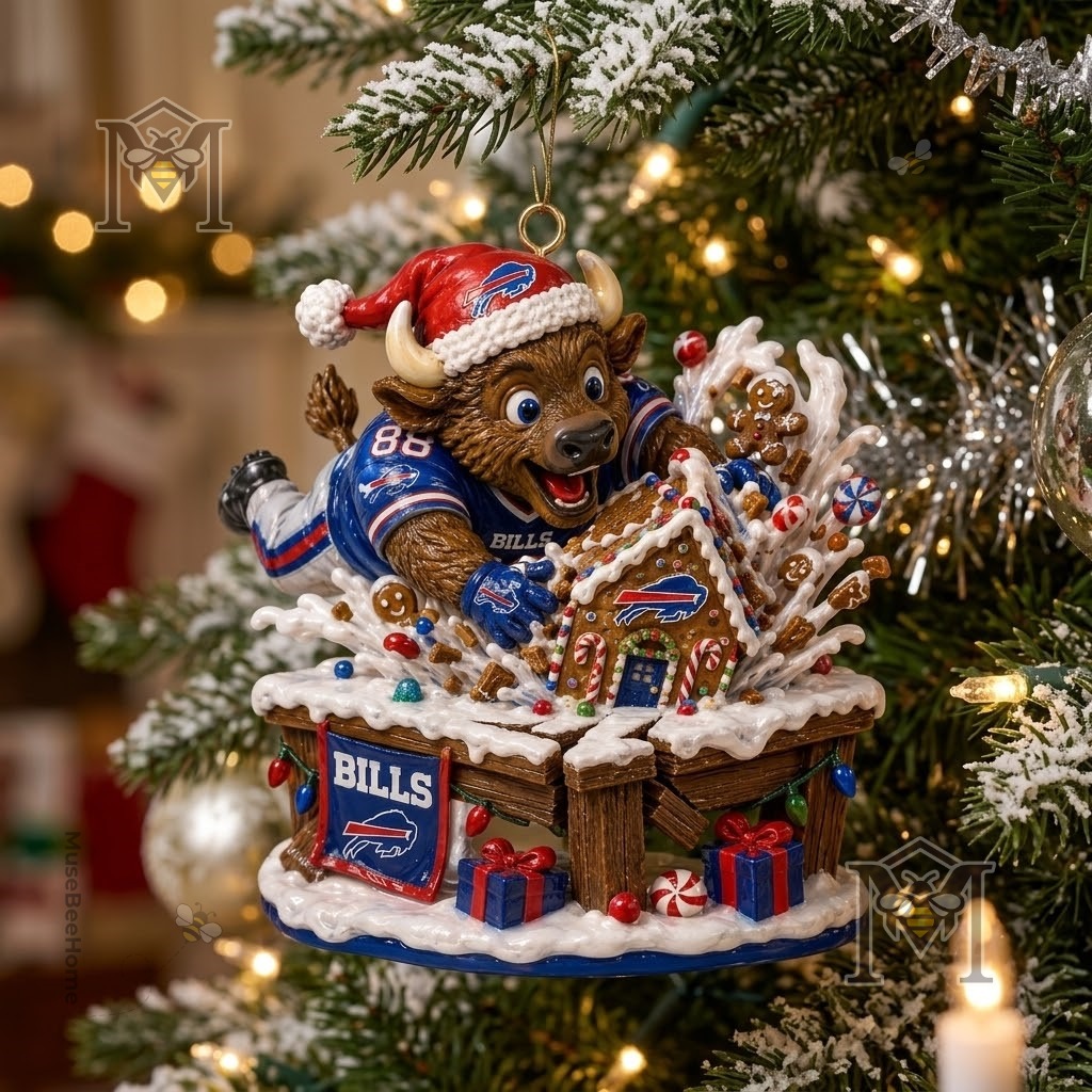 Buffalo Bills Bills Mafia Christmas Holiday Ornament - close-up of mascot and gingerbread house detail