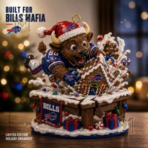 Buffalo Bills Bills Mafia Christmas Holiday Ornament - full view with festive background