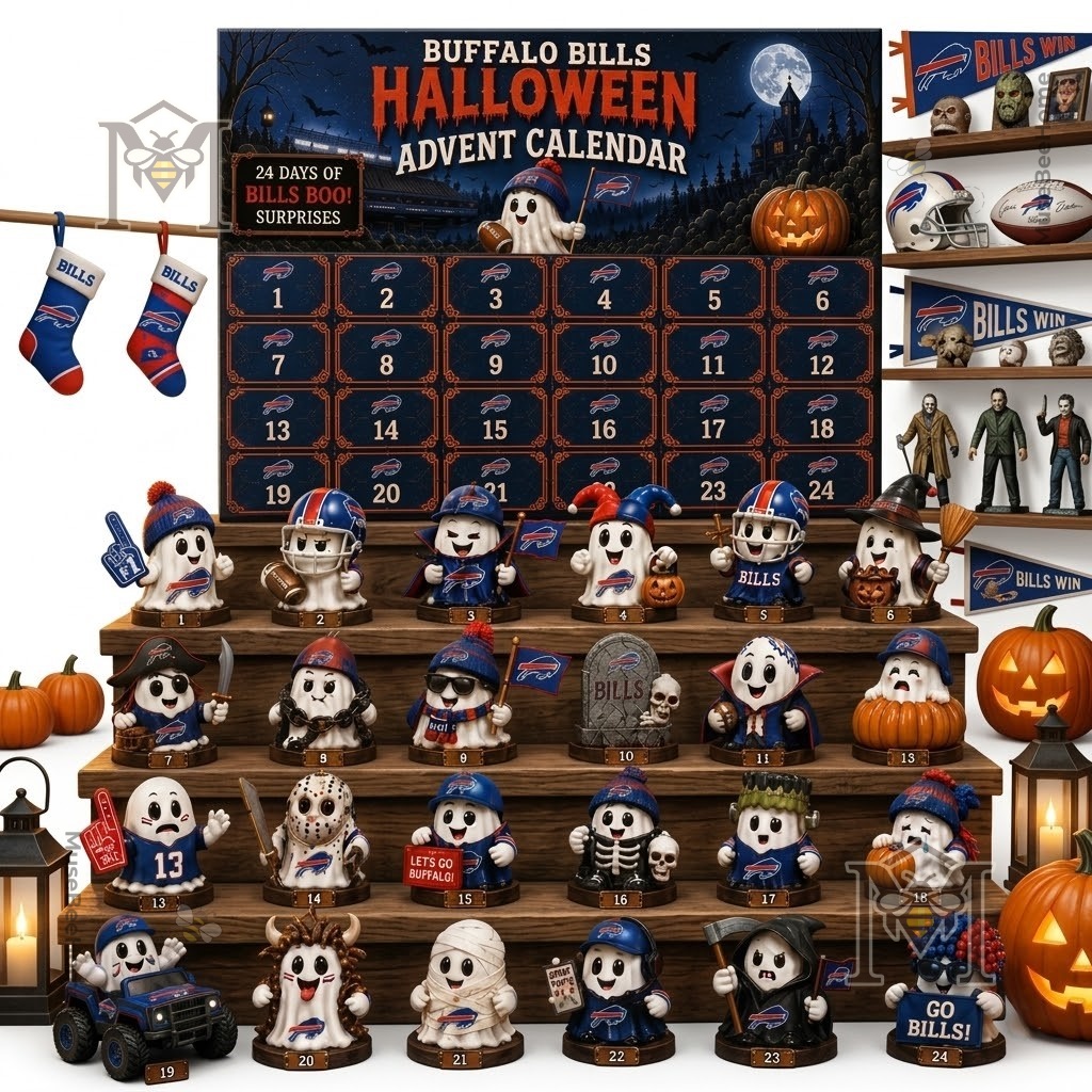 Buffalo Bills NFL Halloween Advent Calendar - top left section with calendar and stockings
