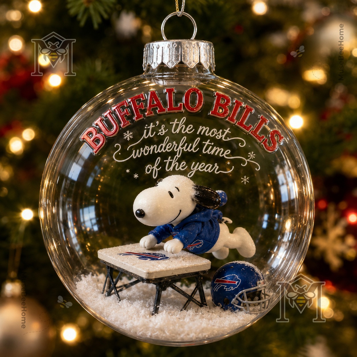 Buffalo Bills Snoopy Christmas Snow Globe Ornament 2026 - Snoopy and team helmet detail
