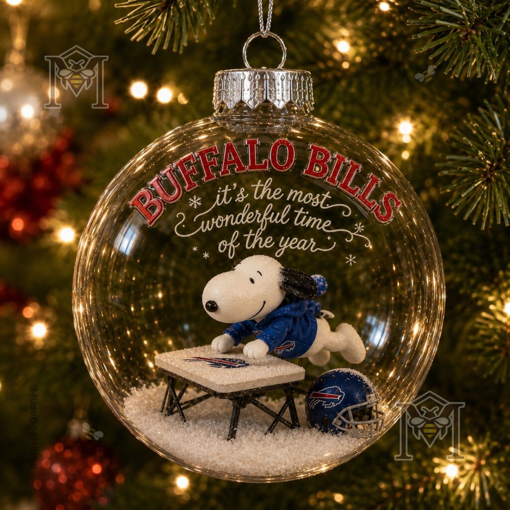 Buffalo Bills Snoopy Christmas Snow Globe Ornament 2026 - clear bauble with hanging cap