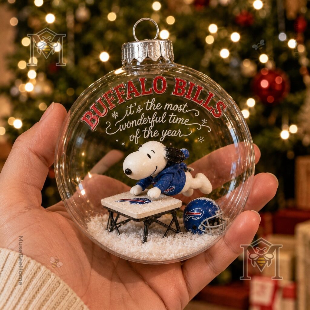 Buffalo Bills Snoopy Christmas Snow Globe Ornament 2026 - Buffalo Bills lettering close-up