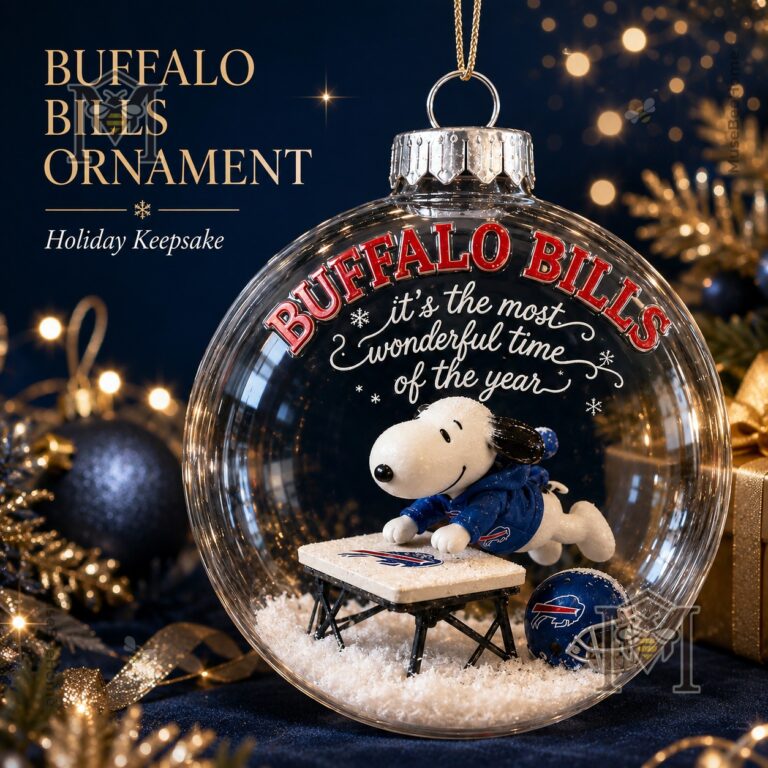 Buffalo Bills Snoopy Christmas Snow Globe Ornament 2026 - full front view