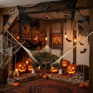 Build A Bear Harry Potter Halloween Spider Plush Toy - close-up of the web hammock tied to a mossy tree branch