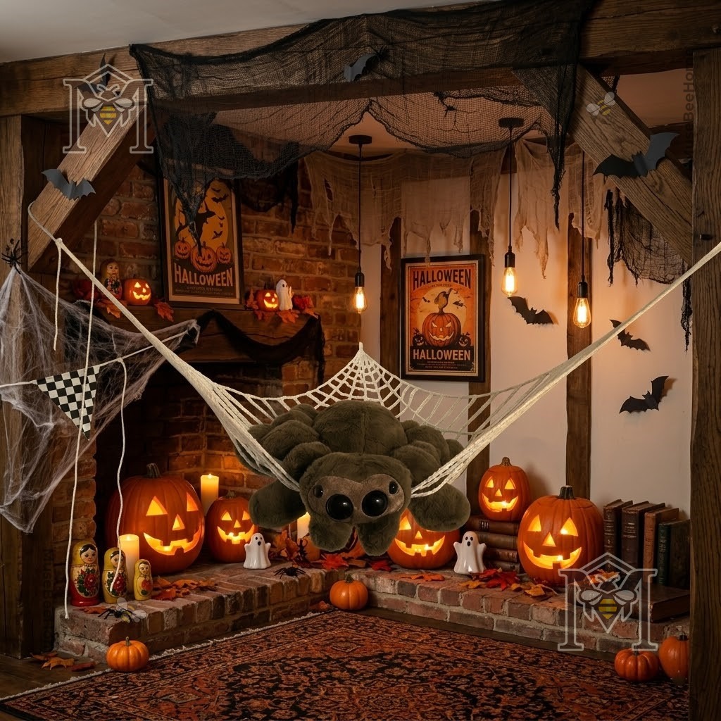 Build A Bear Harry Potter Halloween Spider Plush Toy - close-up of the web hammock tied to a mossy tree branch