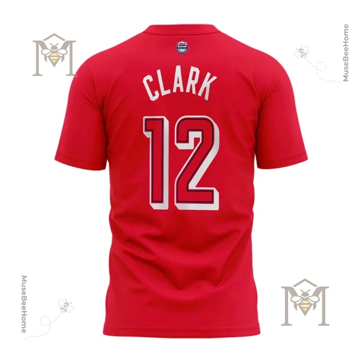 Caitlin Clark USA Basketball Player #12 Tribute Red T-Shirt - close-up back detail with name and number