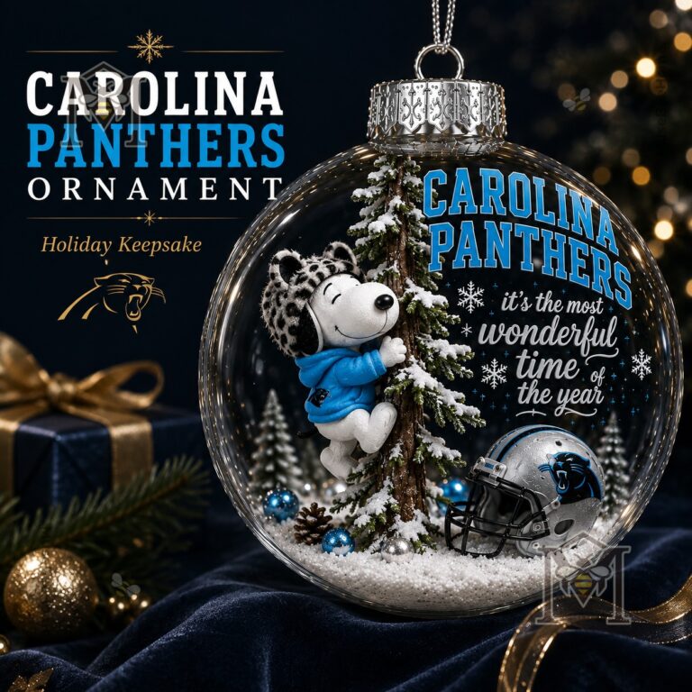 Carolina Panthers Snoopy Christmas Snow Globe Ornament 2026 - front view showing Snoopy, tree, and football