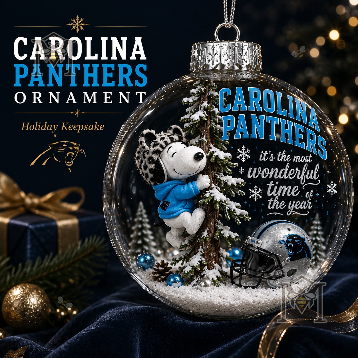 Carolina Panthers Snoopy Christmas Snow Globe Ornament 2026 - front view showing Snoopy, tree, and football