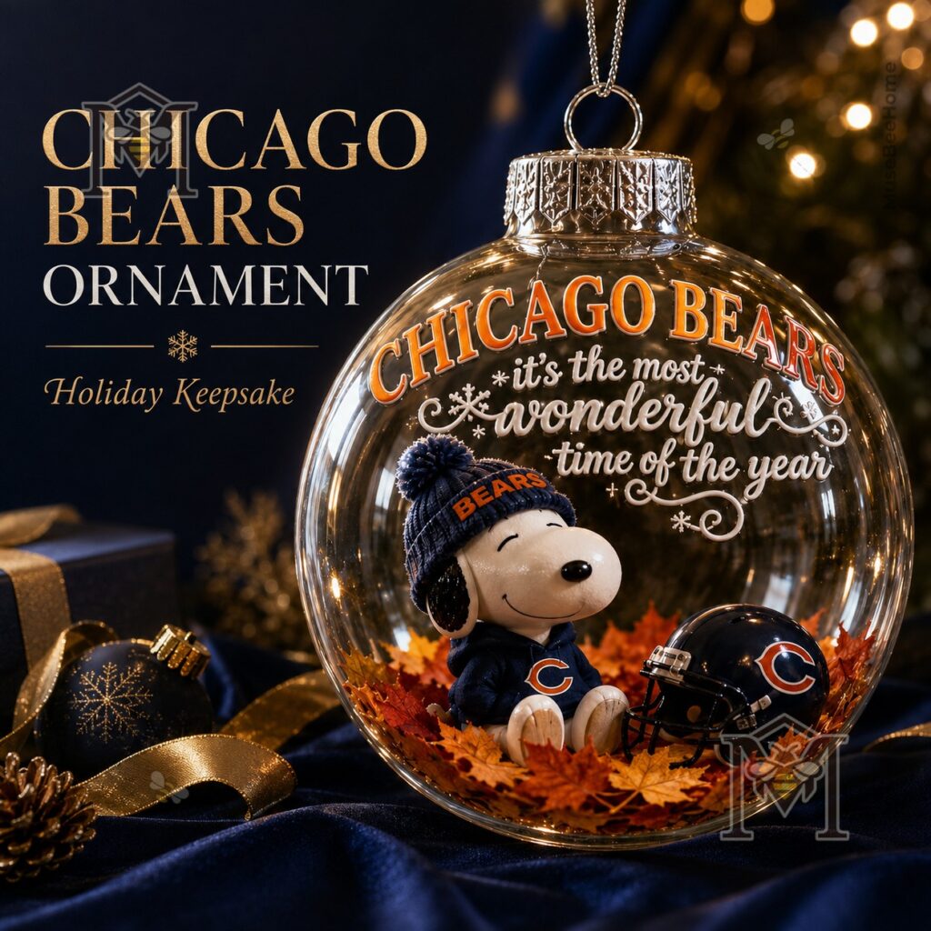 Chicago Bears Snoopy Christmas Snow Globe Ornament 2026 – Front view showing Snoopy, helmet Chicago Bears Snoopy Christmas Snow Globe Ornament 2026 - front view showing Snoopy, helmet, leaves, and