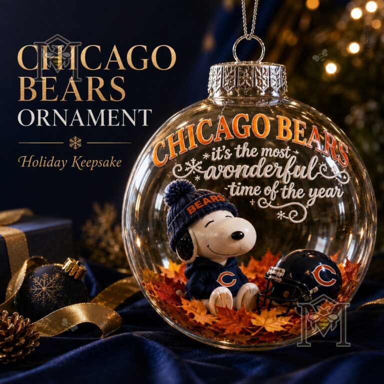Chicago Bears Snoopy Christmas Snow Globe Ornament 2026 - front view showing Snoopy, helmet, leaves, and