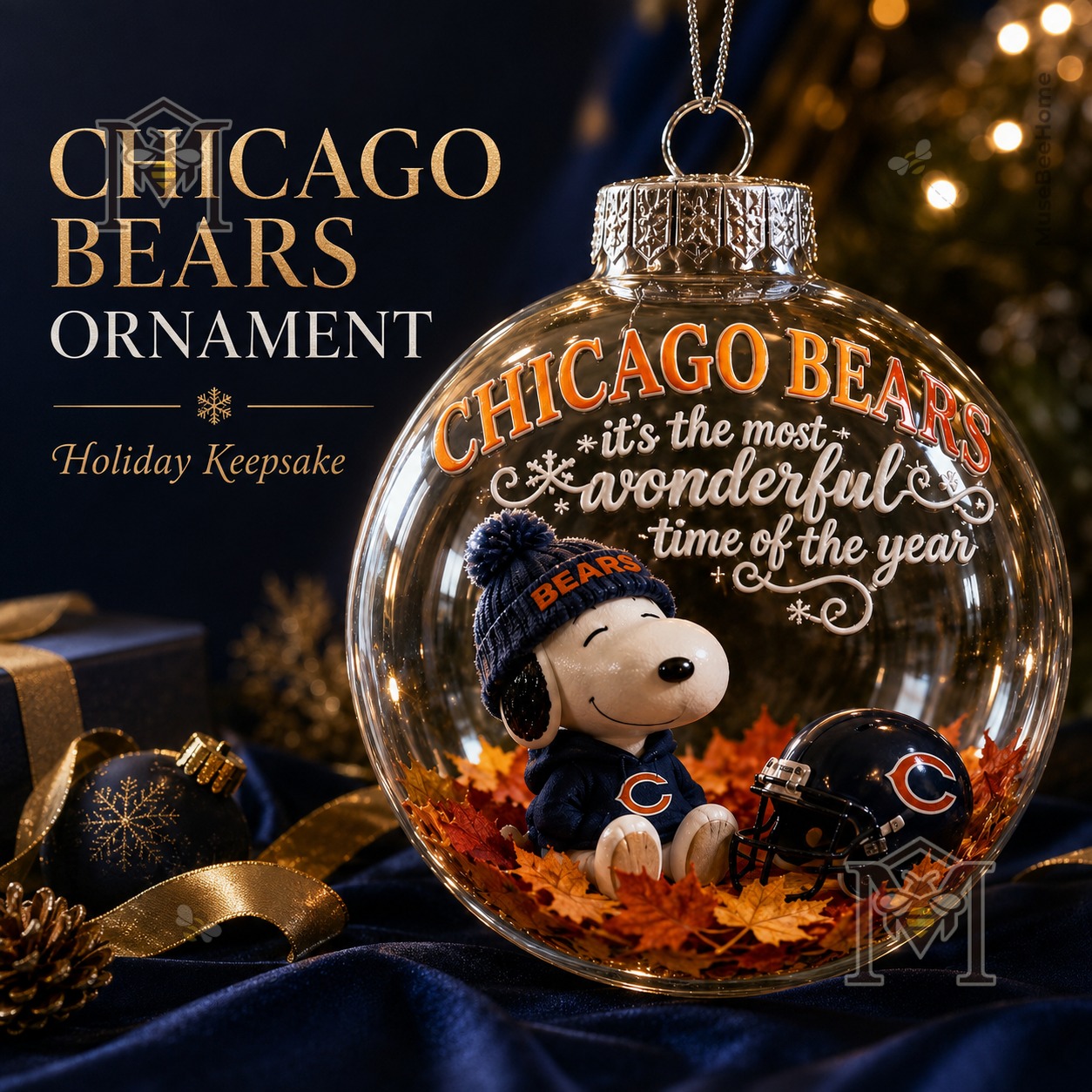 Chicago Bears Snoopy Christmas Snow Globe Ornament 2026 - front view showing Snoopy, helmet, leaves, and