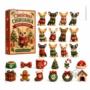 Chihuahua Christmas Advent Calendar 24 Acrylic Ornaments - close-up of the box and top row of dog ornaments