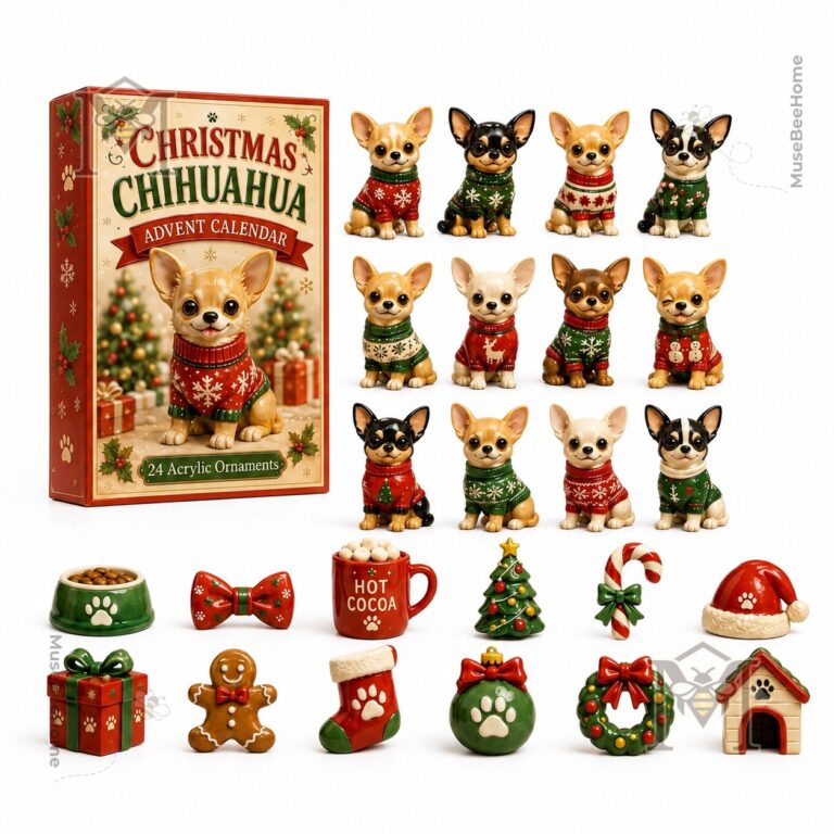 Chihuahua Christmas Advent Calendar 24 Acrylic Ornaments - close-up of the box and top row of dog ornaments