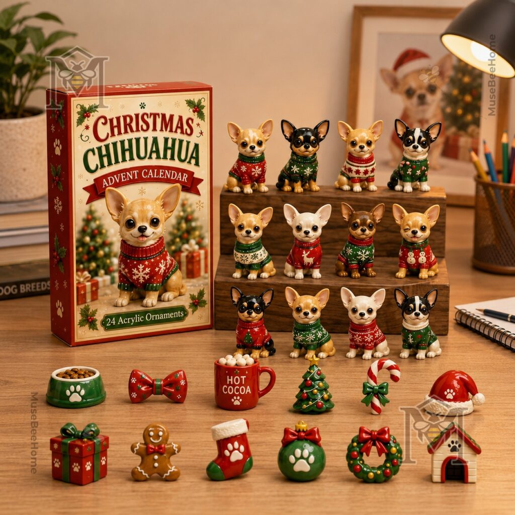 Chihuahua Christmas Advent Calendar 24 Acrylic Ornaments - close-up of dog ornaments on wooden risers