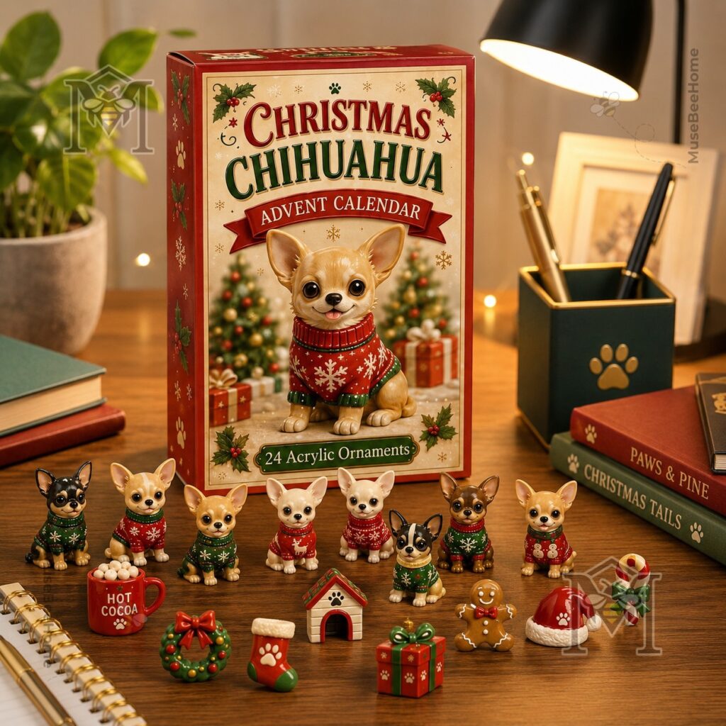 Chihuahua Christmas Advent Calendar 24 Acrylic Ornaments - close-up of the advent calendar box and bottom row