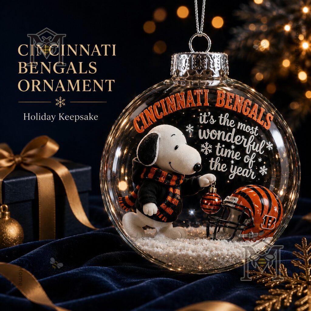 Cincinnati Bengals Snoopy Christmas Snow Globe Ornament 2026 - front view with helmet and snowflake lettering