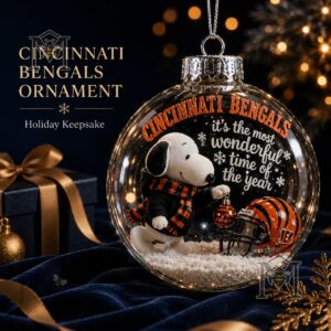 Cincinnati Bengals Snoopy Christmas Snow Globe Ornament 2026 - front view with helmet and snowflake lettering