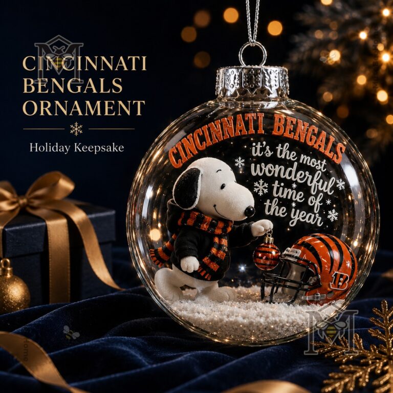 Cincinnati Bengals Snoopy Christmas Snow Globe Ornament 2026 - front view with helmet and snowflake lettering