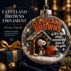 Cleveland Browns Snoopy Christmas Snow Globe Ornament 2026 - front view with Snoopy and football helmet