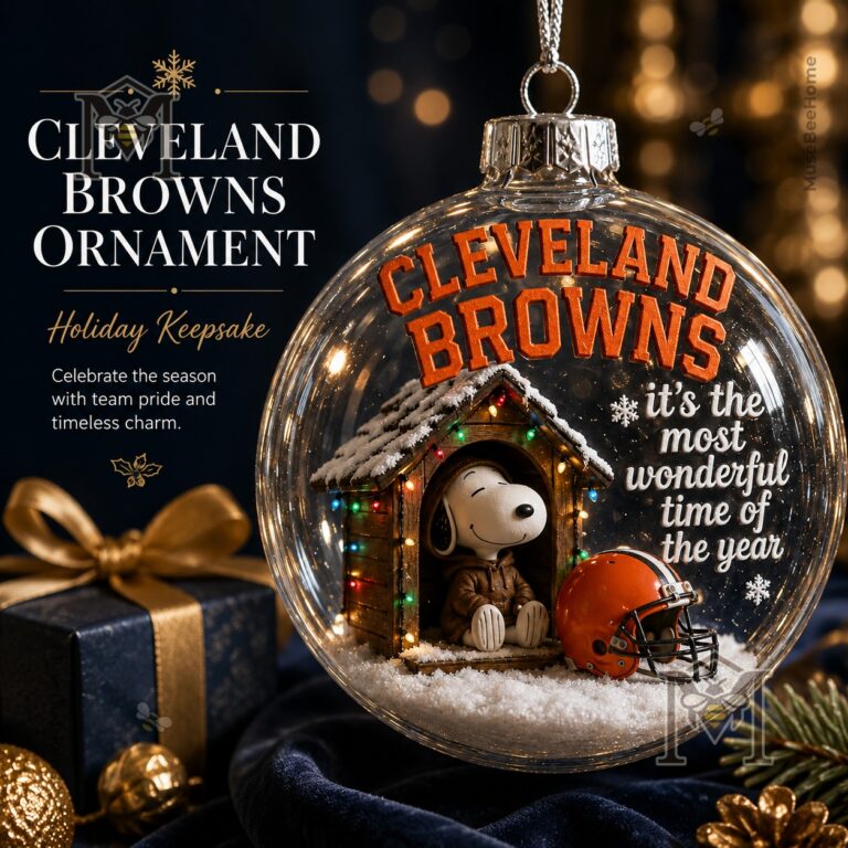 Cleveland Browns Snoopy Christmas Snow Globe Ornament 2026 - front view with Snoopy and football helmet
