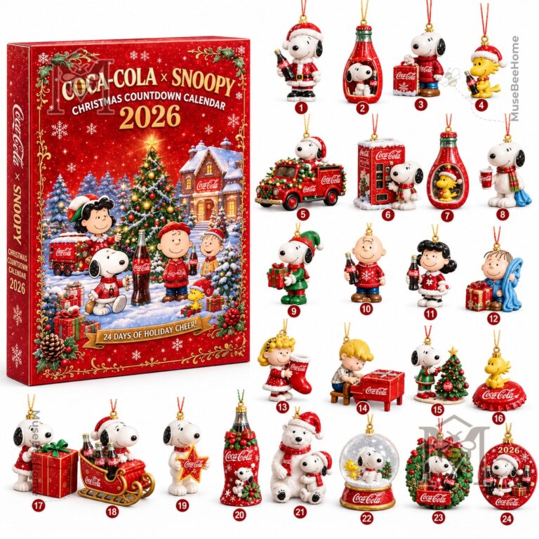 Coca-Cola Snoopy Christmas 2026 Advent Calendar - close-up of calendar box and top row of ornaments