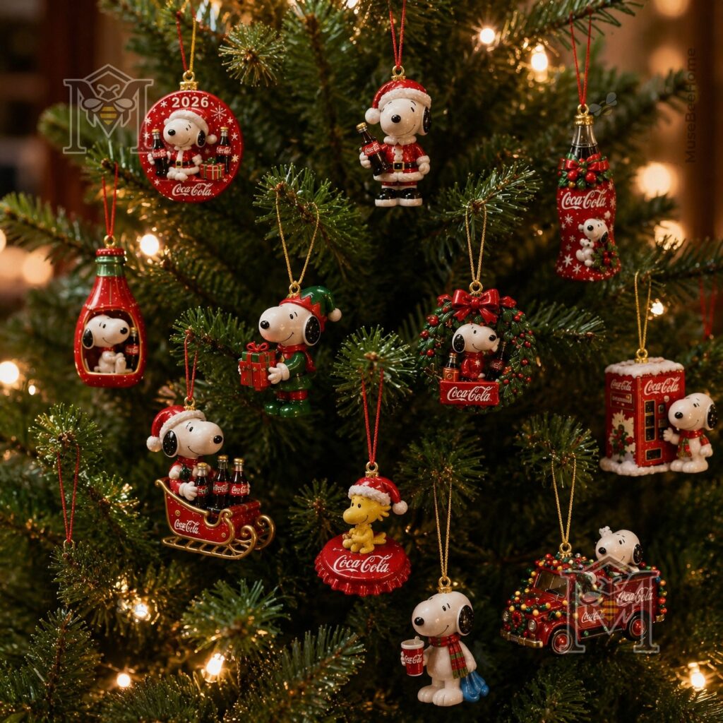 Coca-Cola Snoopy Christmas 2026 Advent Calendar - close-up of calendar box and lower left ornaments