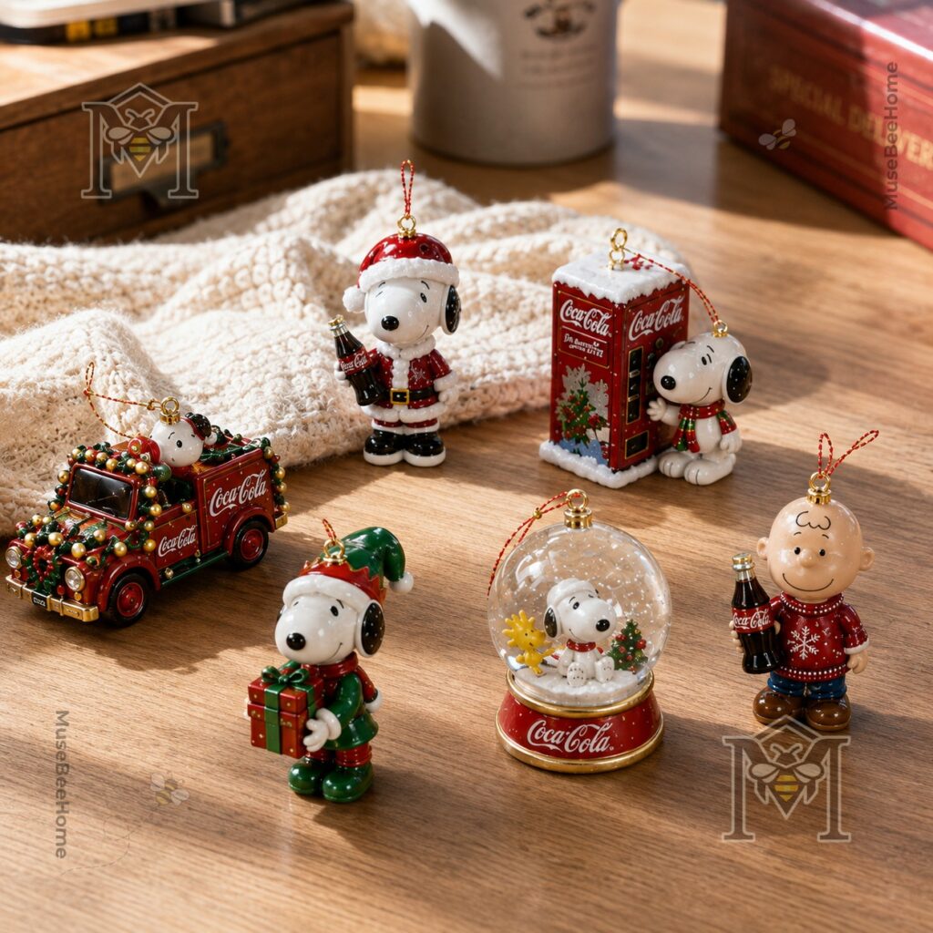 Coca-Cola Snoopy Christmas 2026 Advent Calendar - close-up of ornaments on the right side and table