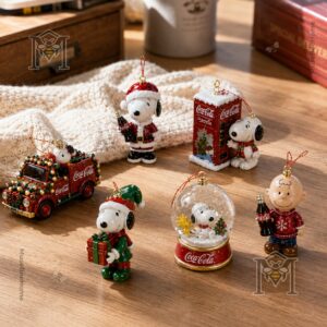 Coca-Cola Snoopy Christmas 2026 Advent Calendar - close-up of ornaments on the right side and table