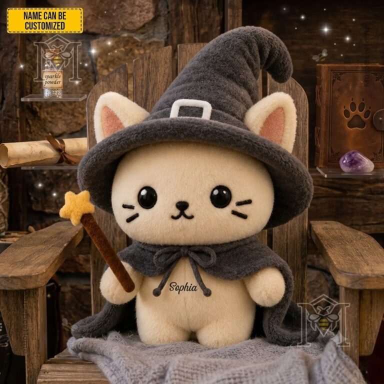 Cute Little Kitty Witch Halloween Plush Toy - close-up of the cat's face, witch hat, and ears
