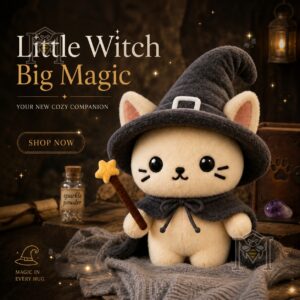 Cute Little Kitty Witch Halloween Plush Toy - full view with promotional text and magical elements