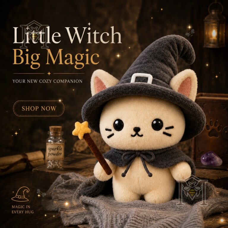 Cute Little Kitty Witch Halloween Plush Toy - full view with promotional text and magical elements