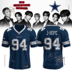 Dallas Cowboys BTS World Tour Arirang 2026 Jersey - top right close-up with BTS members
