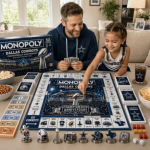 Dallas Cowboys Championship Anniversary Monopoly Board Game - close-up of game board, money, and cards