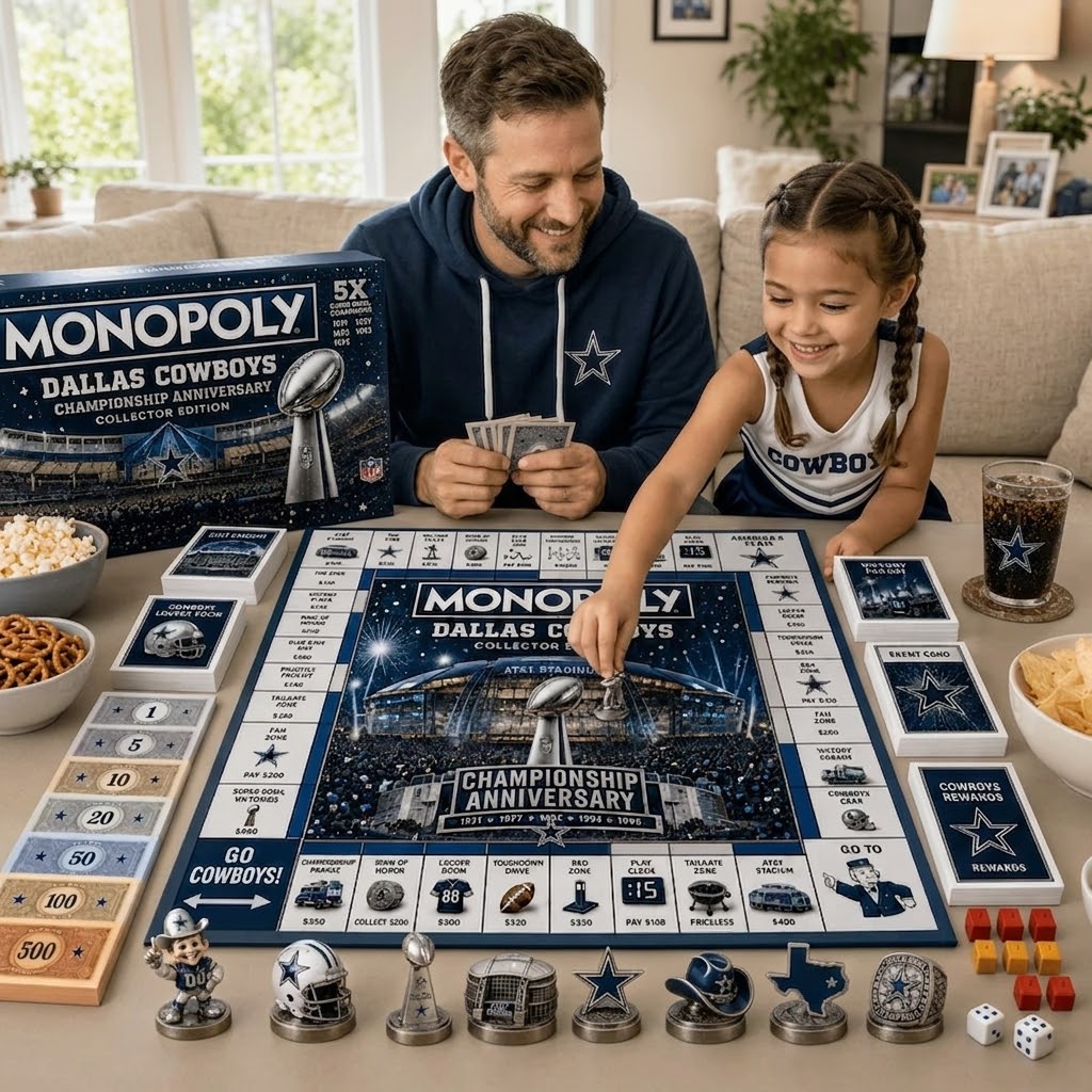 Dallas Cowboys Championship Anniversary Monopoly Board Game - close-up of game board, money, and cards