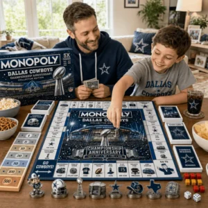 Dallas Cowboys Championship Anniversary Monopoly Board Game - close-up of game box, board, and "This Is