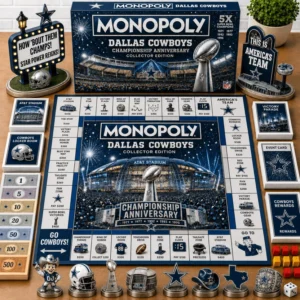 Dallas Cowboys Championship Anniversary Monopoly Board Game - complete set laid out on a table