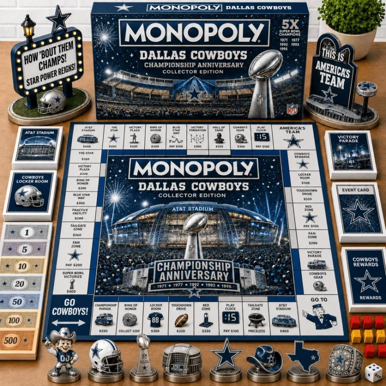 Dallas Cowboys Championship Anniversary Monopoly Board Game - complete set laid out on a table
