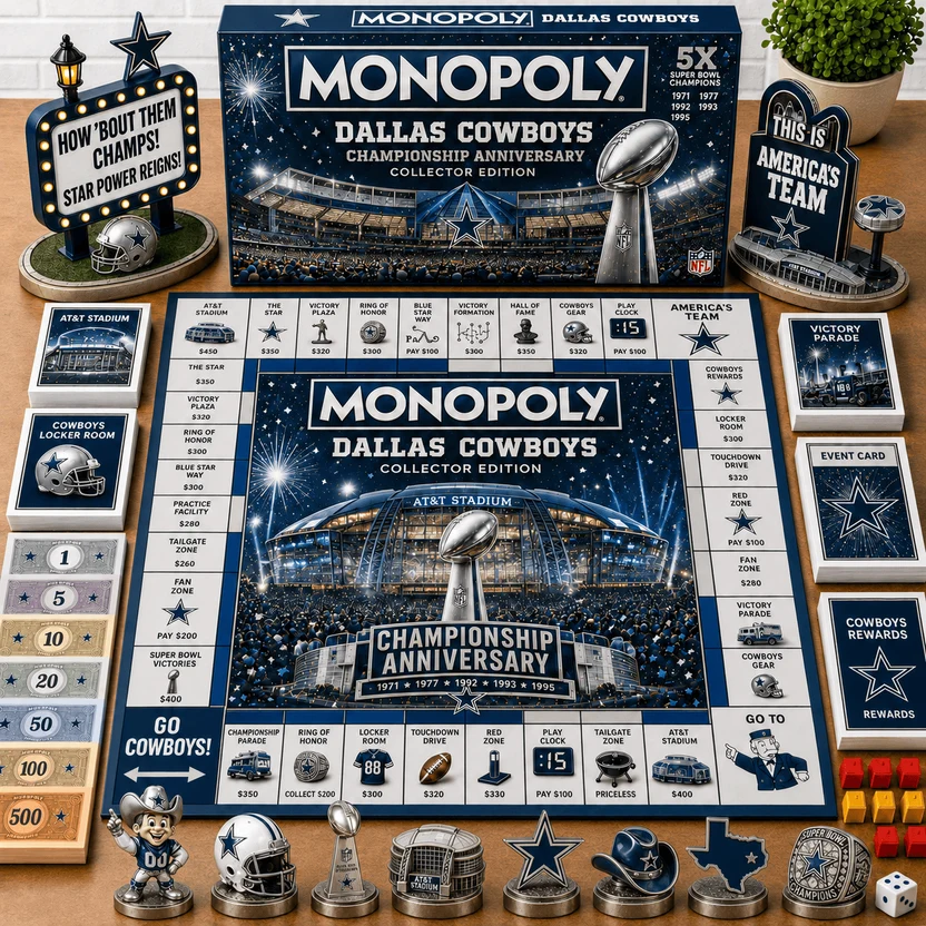 Dallas Cowboys Championship Anniversary Monopoly Board Game - complete set laid out on a table